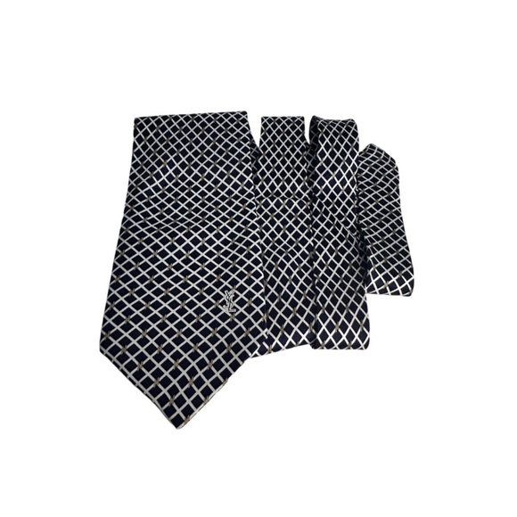 Yves Saint Laurent Paris Luxury Silk Necktie Tie Vintage Monogrammed Window Pane - Picture 10 of 14